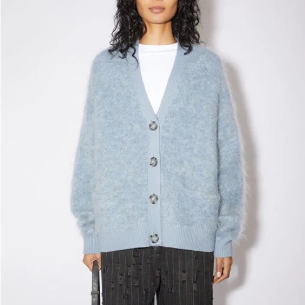 Acne Blue Fuzzy Cardigan Sweater V-Neck Oversized